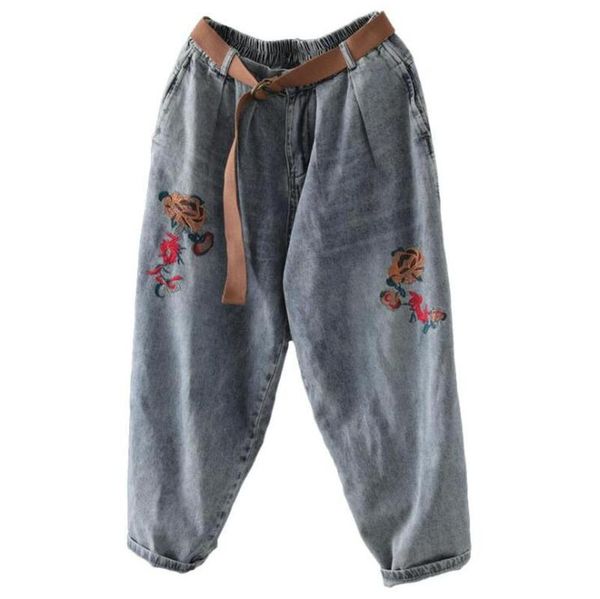 

women's jeans embroidered denim harem pants ladies loose woman scratch distressed wide leg, Blue