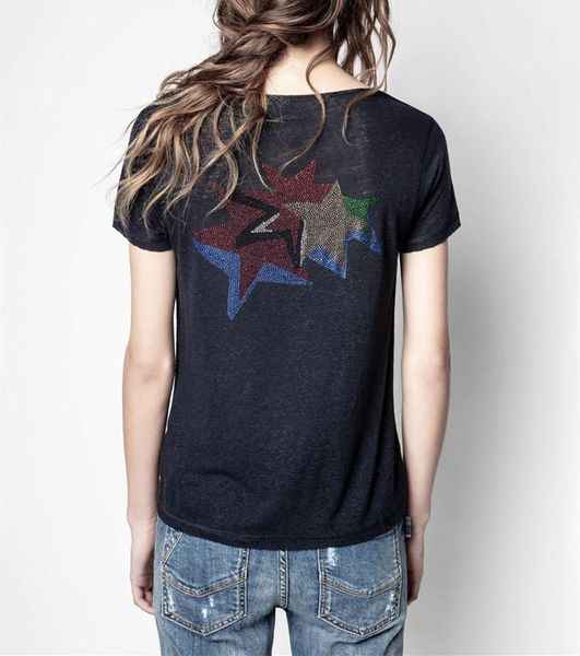 

women t-shirt classic design u neck with buttons back stars drilling slim short sleeve women's, White