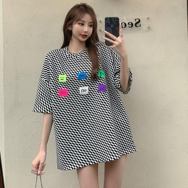 

spring and summer all-match mid-length plaid t-shirt loose round neck short-sleeved bottoming shirt women's tide 2021, White