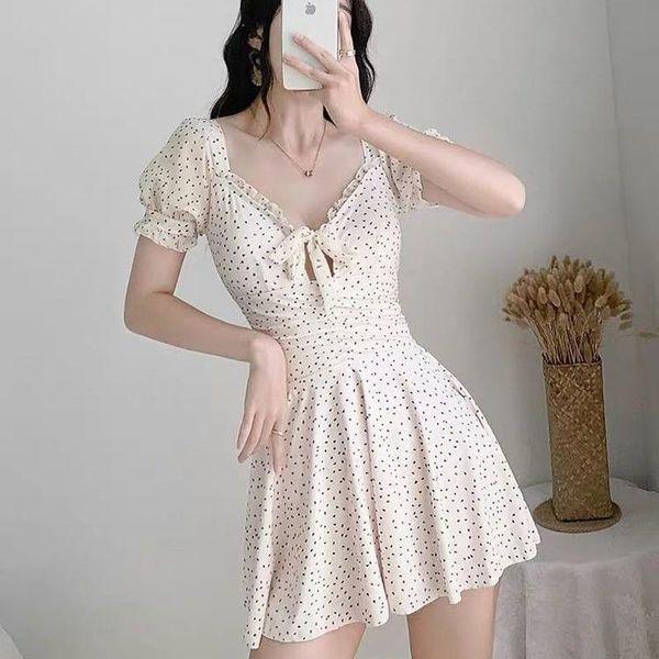 

women's swimwear sweet girls high waist soft beachwear korean style teens women cover-up ruffles hollow out short sleeve elastic bow do, White;black