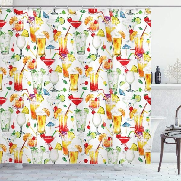 

shower curtains tiki bar curtain exotic cocktails pattern summer drinks fresh juicy beverages watercolor waterproof bathroom decor
