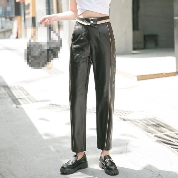 

women's pants & capris real leather high waist hit color genuine sheep female striped was thin with pockets f2027, Black;white