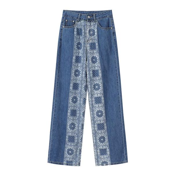 

women's jeans vintage floral print patchwork wide leg women high waisted trousers loose casual street straight summer denim pants, Blue