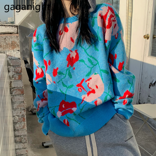

gaganight women sweater autumn winter new korean version color contrast loose blue rose pullover thick long-sleeved sweater, White;black