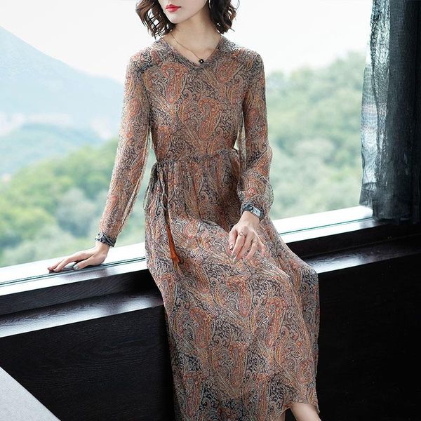 

casual dresses 100% silk for women long elegant dress woman floral female v-neck spring autumn 2021 vestido de mujer pph3194, Black;gray