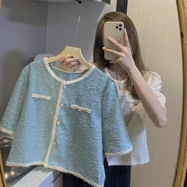 

women's blouses & shirts french style office lady short sleeve blouse o-neck summer fashion single-breasted loose contrast shirt blusas, White