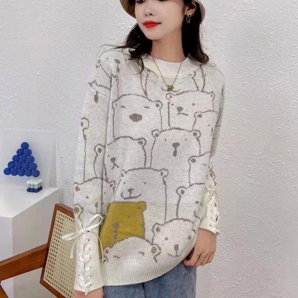 

women's sweaters autumn sweater pullovers women straight o neck sweet long sleeve jumper cute bear pattern cuff lace up knitwear, White;black