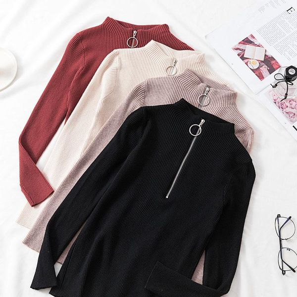 

women's sweaters fashion pullover women knitted autumn korean zipper o-neck elastic long sleeves jumper ladies winter, White;black