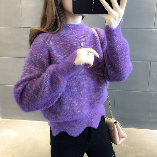 

women's sweaters [no hair off] mink like half high collar pullover sweater with mixed color and short knitwear for women, White;black