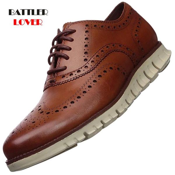 

dress shoes men carved flat casual leather soft bottom lace up brogue footwear for male nonslip outdoor light chaussure homme, Black