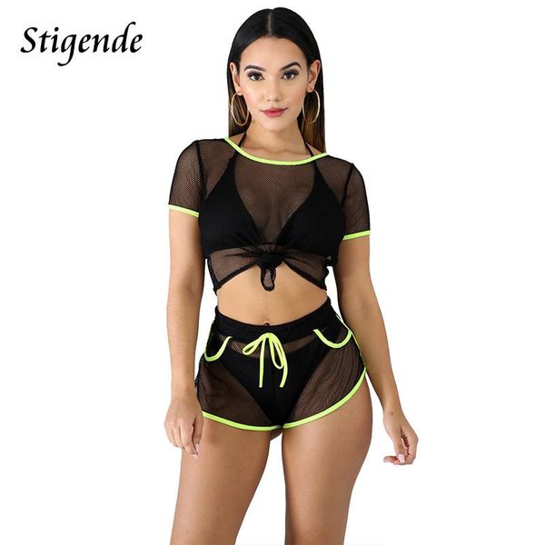 

women's tracksuits stigende women summer two piece cover up short set see through mesh crop t shirt and drawstring shorts transparent s, Gray