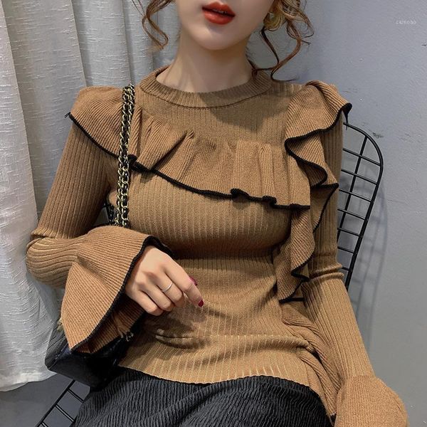 

women's sweaters autumn ruffled long flared sleeved fit slim knit o neck novelty base sweater, White;black