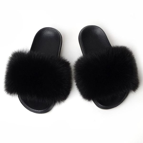 

slippers winter faux fur women slides comfy home sandals female furry shoes beach flip flop plush, Black