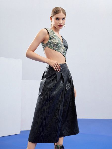 

x d.a.z.h.e cut out waist wide leg snakeskin pu leather jumpsuit h2am#, White