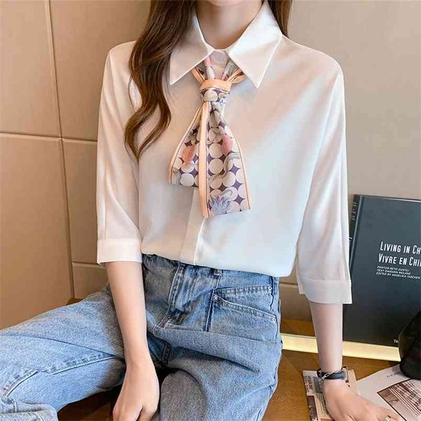 

summer half sleeve chiffon shirt white temperament shirt ladies bow button fashion womens drop 210507