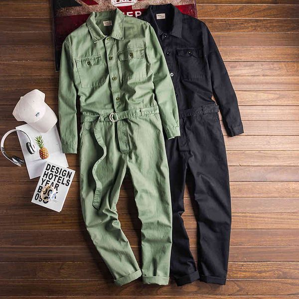 

japanese and korean jumpsuit men's cotton loose green black overalls, Blue