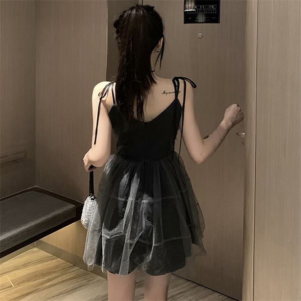 

gothic dress v collar vintage spaghetti strap mesh patchwork mini dresses 2021 summer high waist dress for women, Black;gray