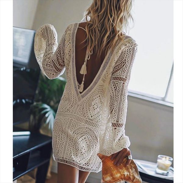 

backless beach coverup summer women dresses white lace vintage v neck boho vestidos plus size cut out robe femme, Black;gray