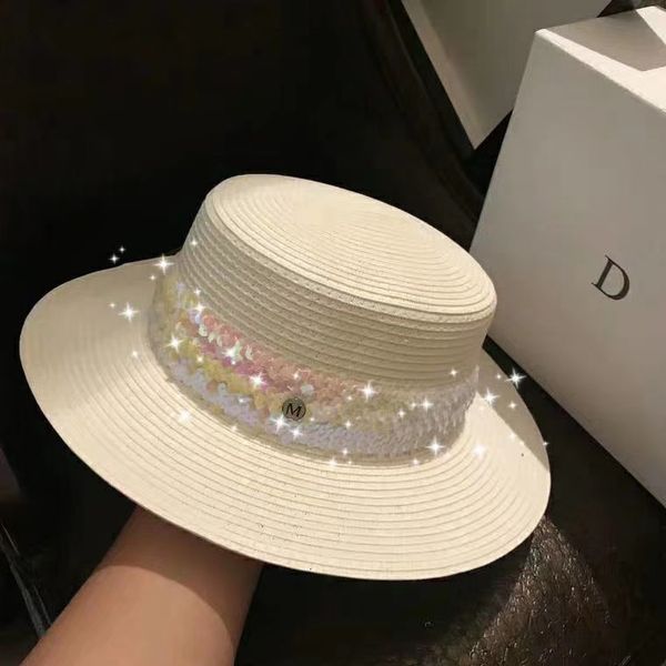 

fashionable designer hat women's summer wide brim flat straw hat fancy color sequin woven hat simple white fashion, Black;white