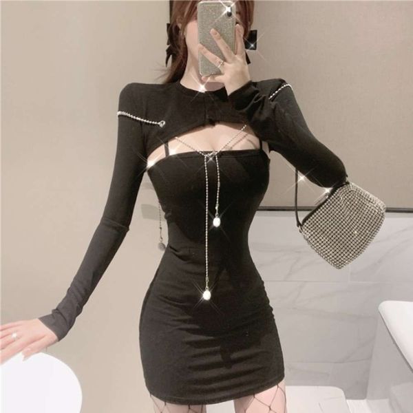 

autumn new fashion diamond chain pendant short jacket + blouse bra strap dress two piece set, Black;white