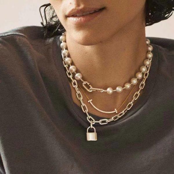 

pendant necklaces necklace double-layer pearl stitching and clavicle chain simple fashion niche design cold wind jewelry, Silver