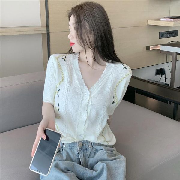 

women's knits & tees vintage sweaters for women v neck long sleeve embroidery floral hit color short cardigans female 2021 spring cloth, White