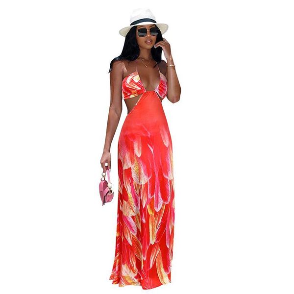 

waist band cut out summer bohemian maxi dresses women halter neck backless beach dress feather print club party xl, Black;gray