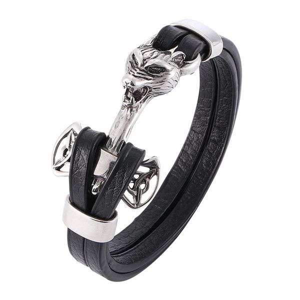 

charm bracelets est men trendy jewelry black leather bracelet stainless steel wolf head wrap for man bangle vintage pw780, Golden;silver