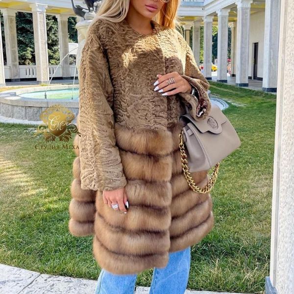 

women's fur & faux conkor fashion o neck patchwork coats women elegant covered button jackets long sleeve mid length ladies, Black
