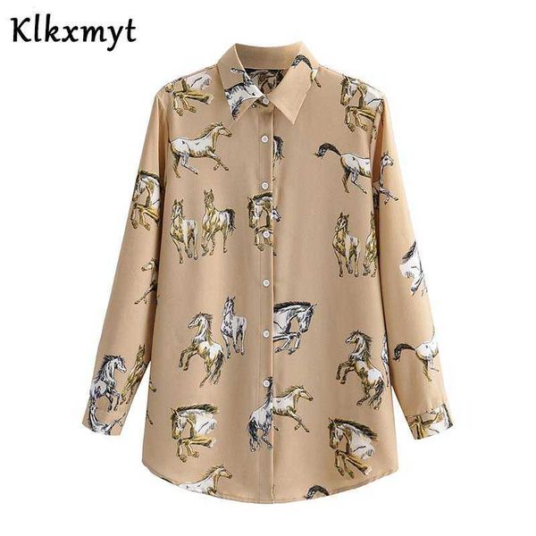 

klkxmyt za blouse women fashion horse pattern print casual shirts vintage long sleeve female blusas chic 210527, White