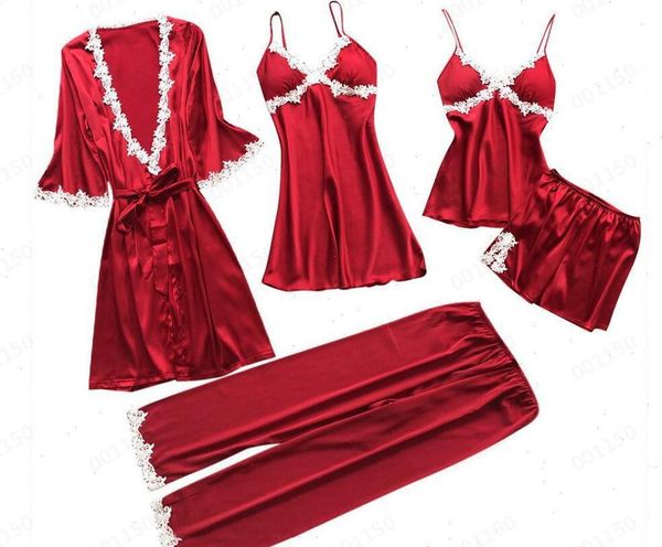 

fashion suspenders nightdress pajamas womens sleepwears sets silk lace lingerie bathrobes suits homewear sleepwear sleep pants 5 pcs large, Black;red