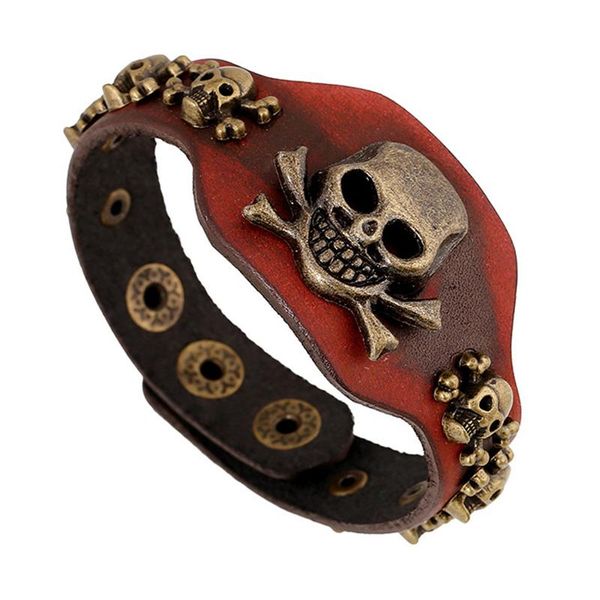 

tennis vintage red craftwork handmade man bracelets antique bronze skulls charms genuine leather bangles male wristband jewelry, Golden;silver