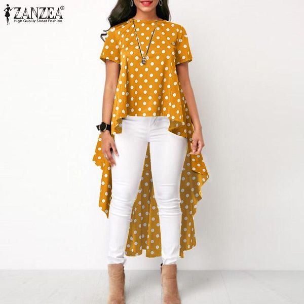 

women's blouses & shirts women polka dot long tunic 2021 summer short sleeve zanzea fashion irregular blusa party casual print loose b, White