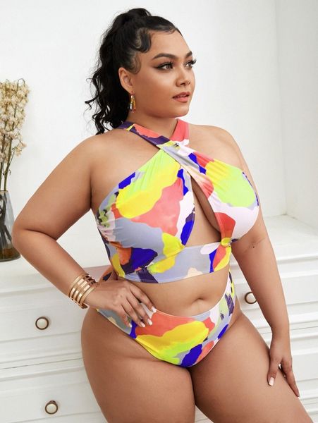 

plus color block criss cross bikini swimsuit c5vp#, Black