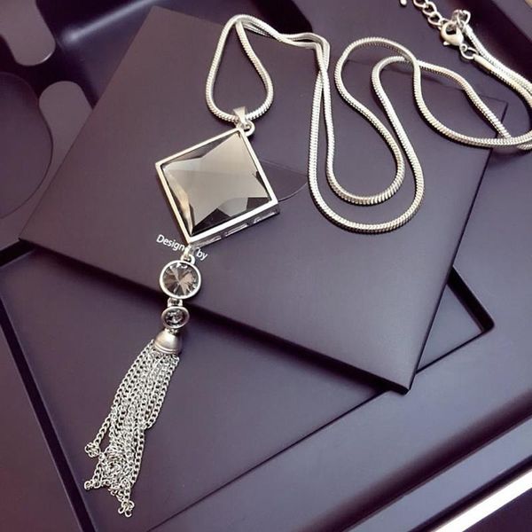 

chains ladies fashion charm crystal pearls pendant necklace luxury long sweate metal vintage necklaces for teen girls, Silver