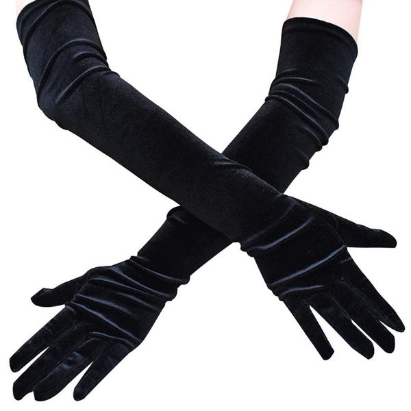 

five fingers gloves 53cm women golden velvet long dinner dress black warm retro style elastic driving banquet accessories, Blue;gray