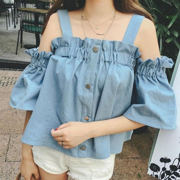 

women's blouses & shirts slash neck crop denim sweet korean style fashion brands clothing off shoulder blouse loose women, White