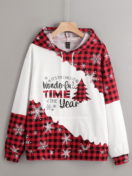 

plus christmas print drawstring hooded sweatshirt b4rr#, Black