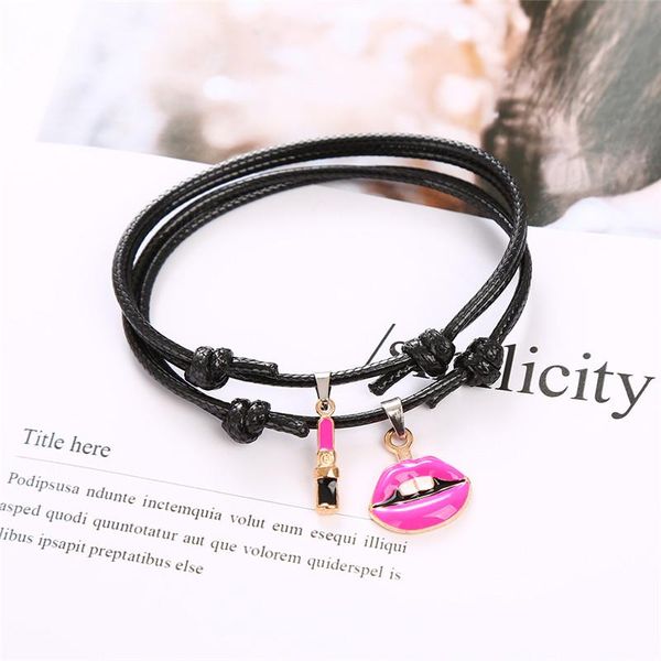

2pcs/set, new fashion bracelets lips bracelet black rope chain paired bracelets gifts for women for women red pink metal trendy, Golden;silver