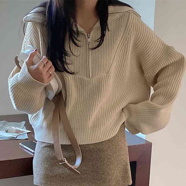 

women's high neck zipper knitted lovely long sved loose korean casual sweater, women's winter coat, White;black