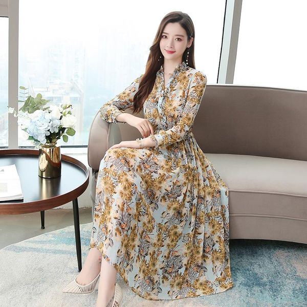 

casual dresses autumn long sleeve chiffon dress women's bohemian print korean high waist v-neck slim elegant club party vestidos, Black;gray