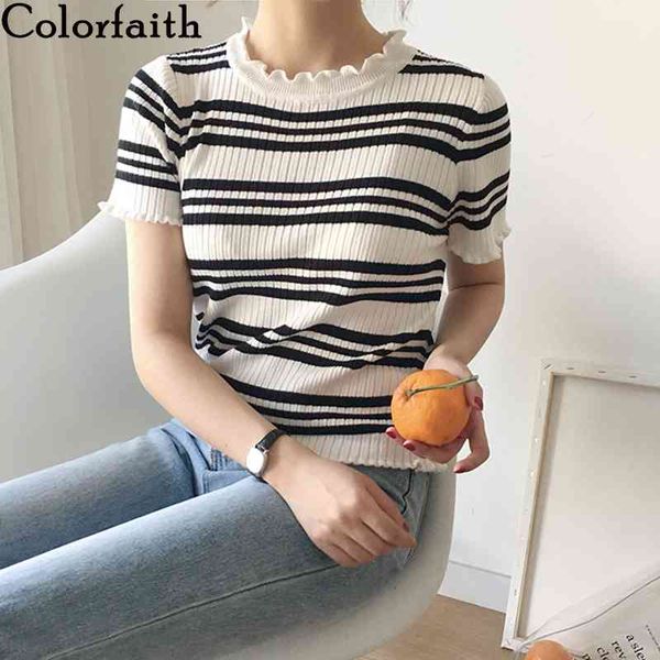 

women summer t-shirts multi colors lace up striped bottoming casual soft slim knitted elasticity t6185 210427, Black;gray