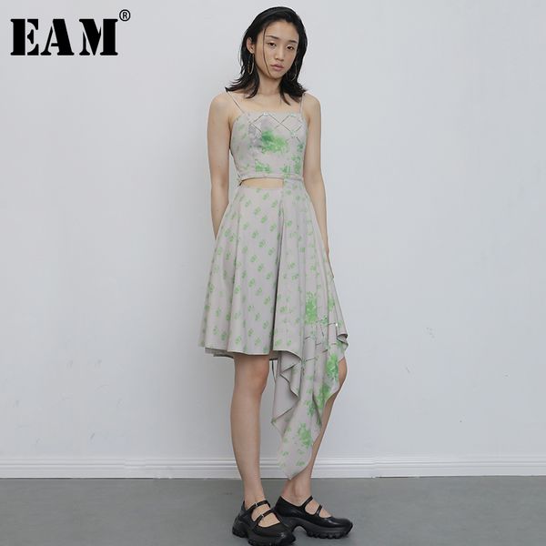 

[eam] women apricot pattern printed irregular spaghetti strap dress sleeveless loose fit fashion spring summer 1u567 21512, Black;gray