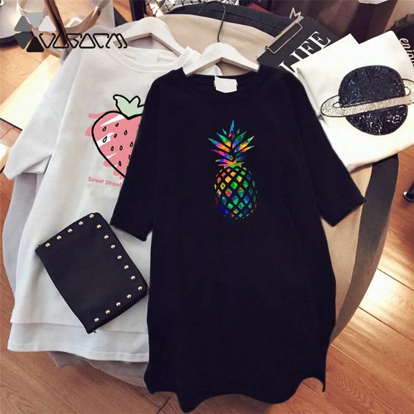 

propcm fashion woman dress multicolor pineapple print short sleeve dresses casual summer party vintage strawberry tshirt plus size women clo, Black;gray