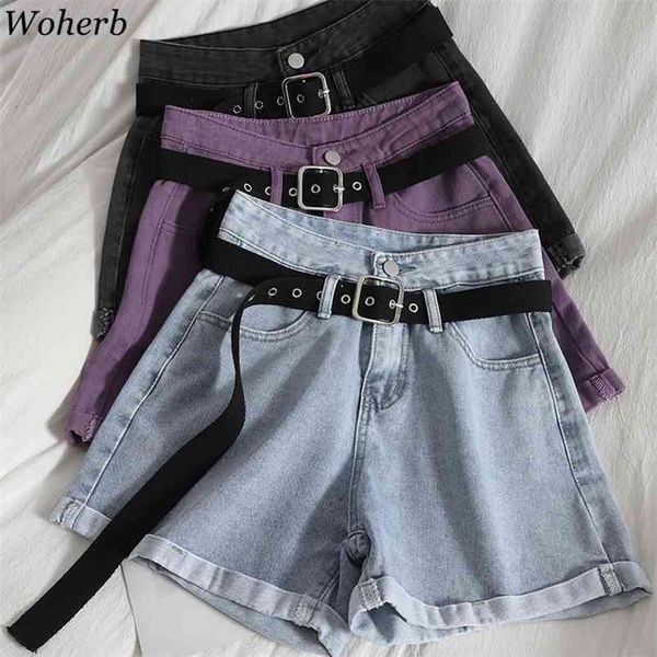 

summer high waist denim shorts women casual loose ladies fashion belt pocket short jeans female chores para 210519, White;black