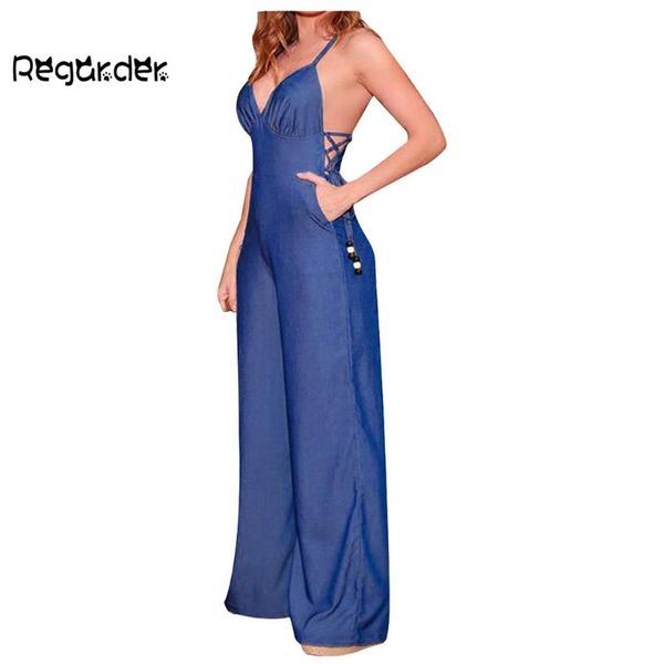 

women's jumpsuits & rompers casual women ladies sleeveless deep v neck spaghetti strap denim jeans backless wide legs jumpsuit trousers, Black;white
