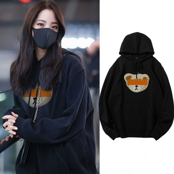 

2021 new printing fashion hooded sweater mid long korean autumn winter casual women's coat, Black