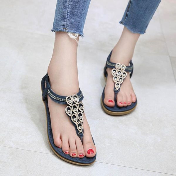 

sandals fashion women thong t-type open toe rhinestone flat bottom roman 2021 summer flip flop shoes#g5, Black
