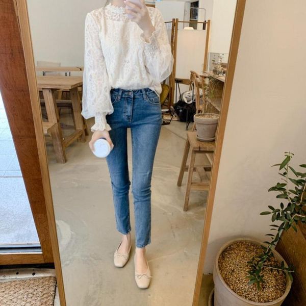 

women's blouses & shirts casual women floral lace brim hollow out puff sleeve mock neck blouse shirt, White
