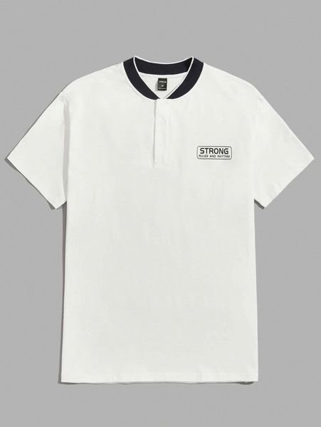 

men contrast collar slogan graphic polo shirt l75x#, White;black